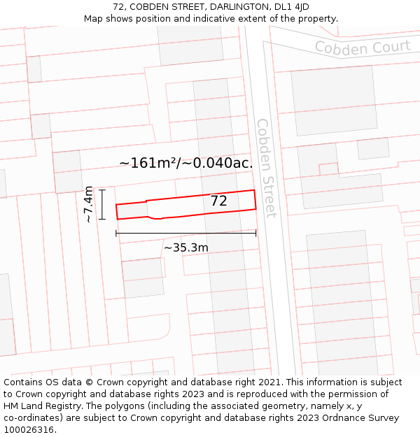 72, COBDEN STREET, DARLINGTON, DL1 4JD: Plot and title map