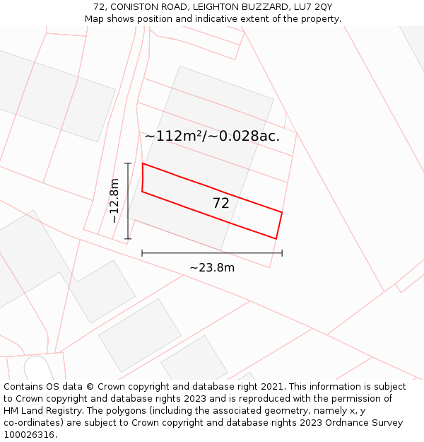 72, CONISTON ROAD, LEIGHTON BUZZARD, LU7 2QY: Plot and title map