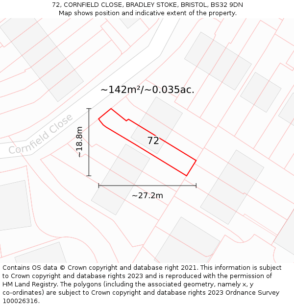 72, CORNFIELD CLOSE, BRADLEY STOKE, BRISTOL, BS32 9DN: Plot and title map