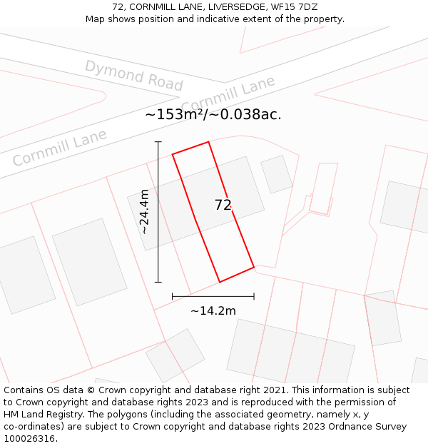 72, CORNMILL LANE, LIVERSEDGE, WF15 7DZ: Plot and title map