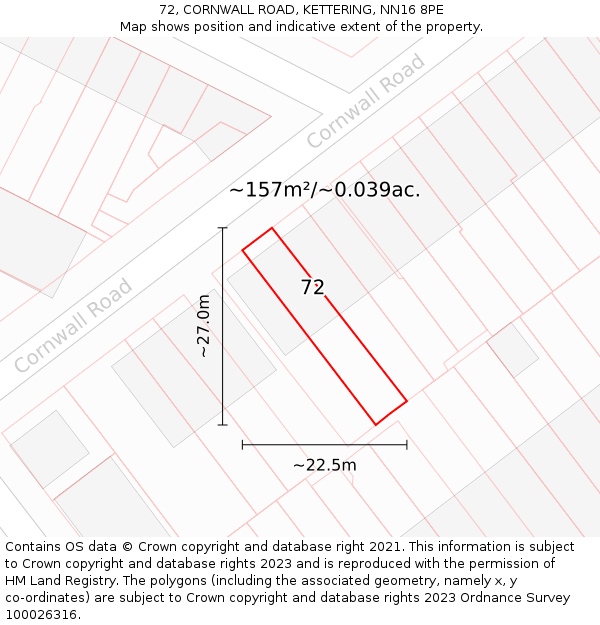 72, CORNWALL ROAD, KETTERING, NN16 8PE: Plot and title map