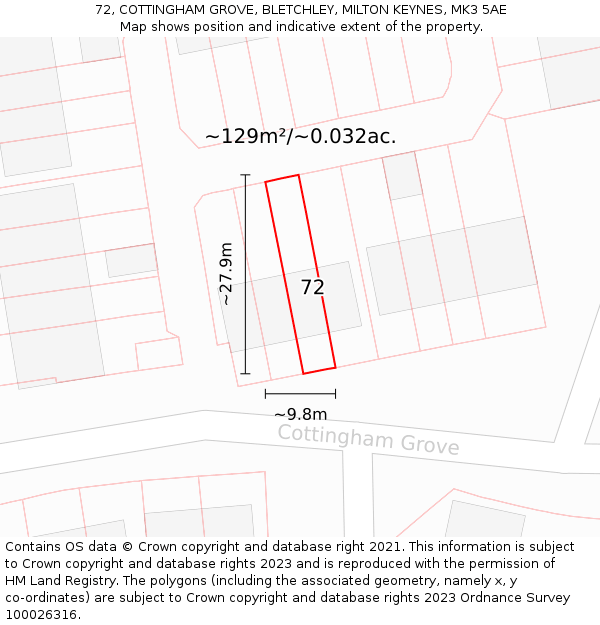 72, COTTINGHAM GROVE, BLETCHLEY, MILTON KEYNES, MK3 5AE: Plot and title map