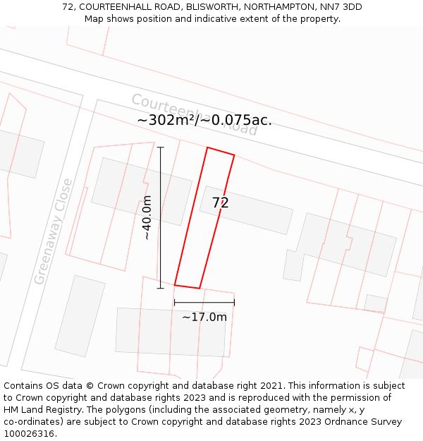 72, COURTEENHALL ROAD, BLISWORTH, NORTHAMPTON, NN7 3DD: Plot and title map