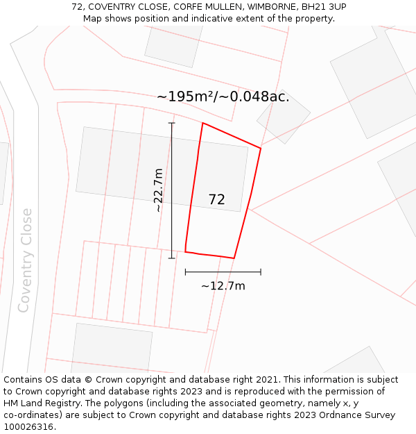 72, COVENTRY CLOSE, CORFE MULLEN, WIMBORNE, BH21 3UP: Plot and title map