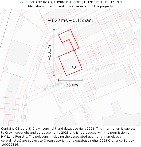 72, CROSLAND ROAD, THORNTON LODGE, HUDDERSFIELD, HD1 3JS: Plot and title map