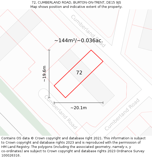 72, CUMBERLAND ROAD, BURTON-ON-TRENT, DE15 9JS: Plot and title map
