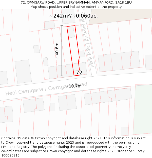 72, CWMGARW ROAD, UPPER BRYNAMMAN, AMMANFORD, SA18 1BU: Plot and title map