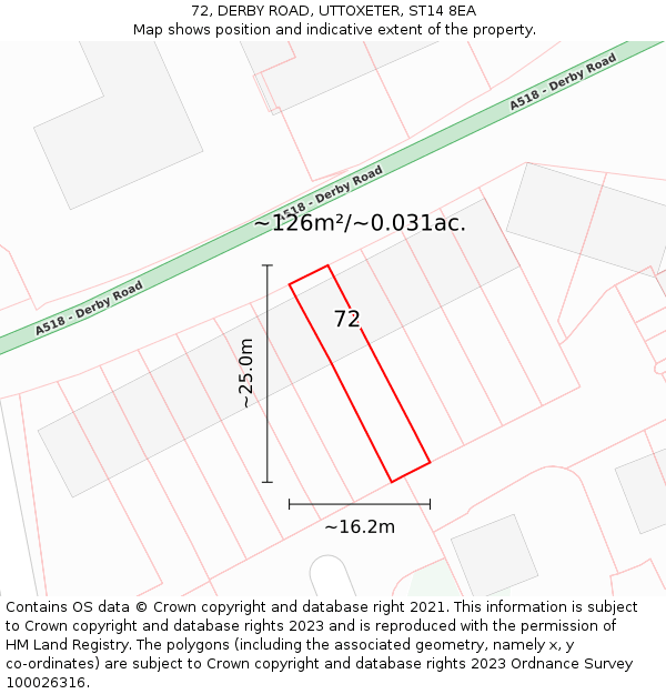 72, DERBY ROAD, UTTOXETER, ST14 8EA: Plot and title map