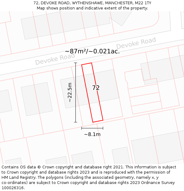72, DEVOKE ROAD, WYTHENSHAWE, MANCHESTER, M22 1TY: Plot and title map