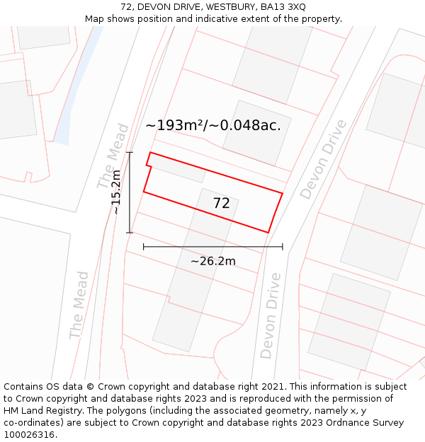 72, DEVON DRIVE, WESTBURY, BA13 3XQ: Plot and title map