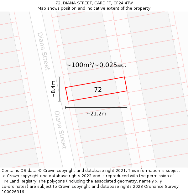 72, DIANA STREET, CARDIFF, CF24 4TW: Plot and title map