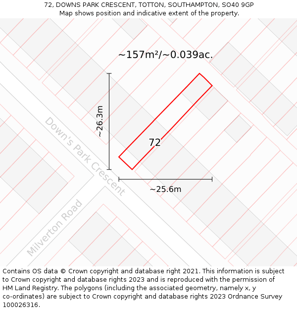 72, DOWNS PARK CRESCENT, TOTTON, SOUTHAMPTON, SO40 9GP: Plot and title map