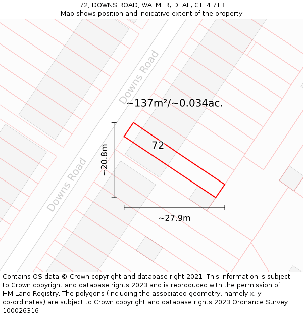 72, DOWNS ROAD, WALMER, DEAL, CT14 7TB: Plot and title map