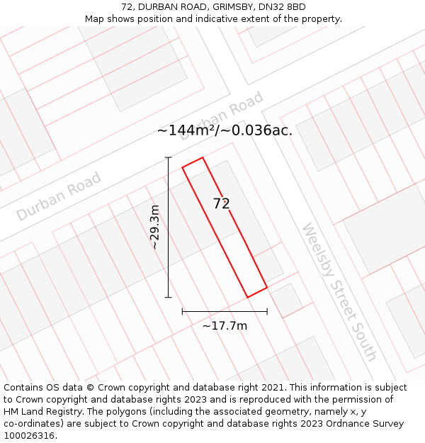 72, DURBAN ROAD, GRIMSBY, DN32 8BD: Plot and title map