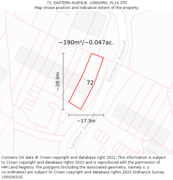 72, EASTERN AVENUE, LISKEARD, PL14 3TD: Plot and title map