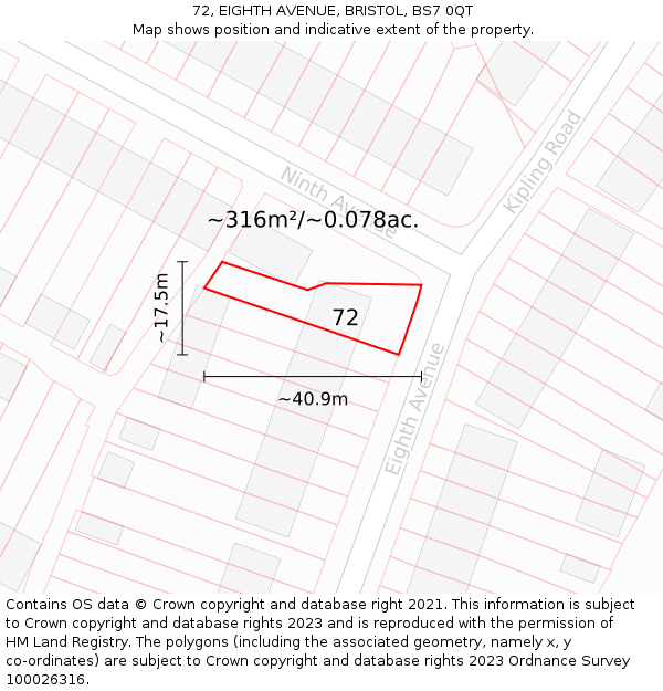 72, EIGHTH AVENUE, BRISTOL, BS7 0QT: Plot and title map