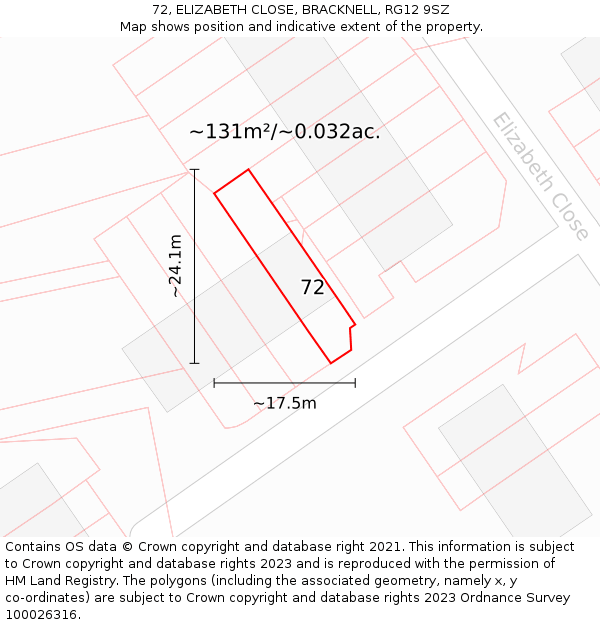 72, ELIZABETH CLOSE, BRACKNELL, RG12 9SZ: Plot and title map
