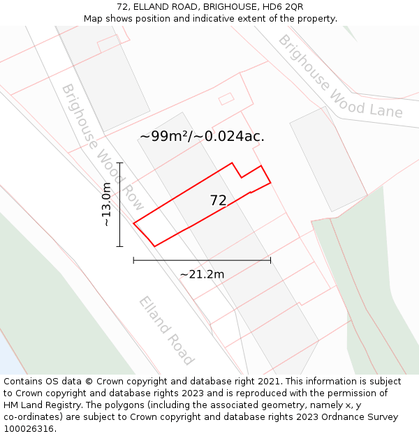 72, ELLAND ROAD, BRIGHOUSE, HD6 2QR: Plot and title map
