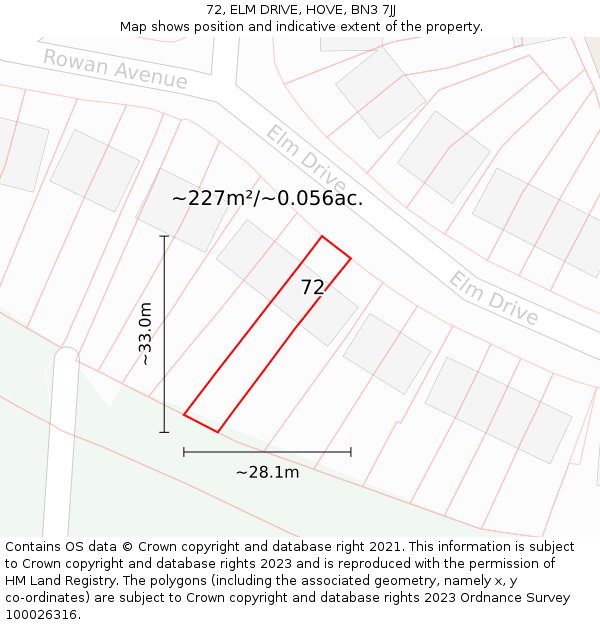 72, ELM DRIVE, HOVE, BN3 7JJ: Plot and title map