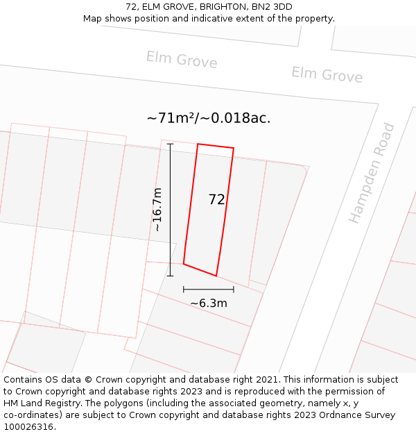 72, ELM GROVE, BRIGHTON, BN2 3DD: Plot and title map