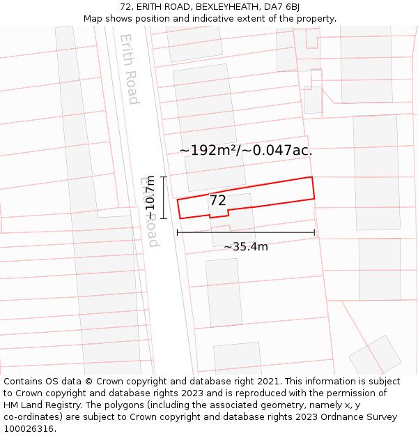 72, ERITH ROAD, BEXLEYHEATH, DA7 6BJ: Plot and title map