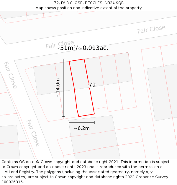 72, FAIR CLOSE, BECCLES, NR34 9QR: Plot and title map