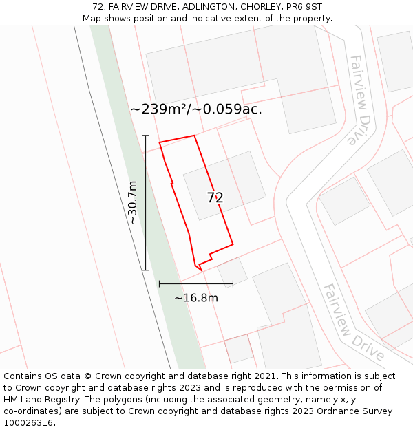 72, FAIRVIEW DRIVE, ADLINGTON, CHORLEY, PR6 9ST: Plot and title map