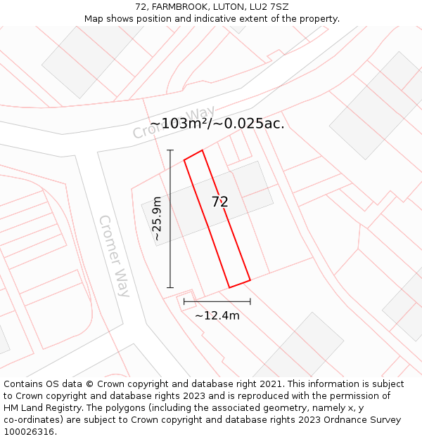 72, FARMBROOK, LUTON, LU2 7SZ: Plot and title map