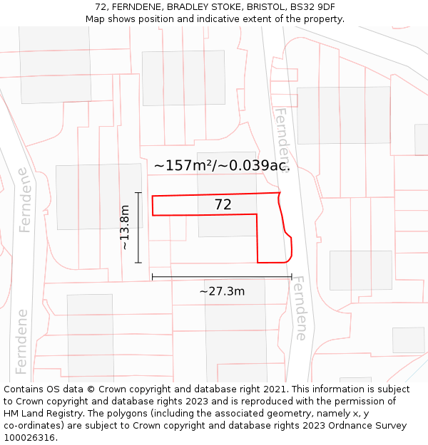 72, FERNDENE, BRADLEY STOKE, BRISTOL, BS32 9DF: Plot and title map