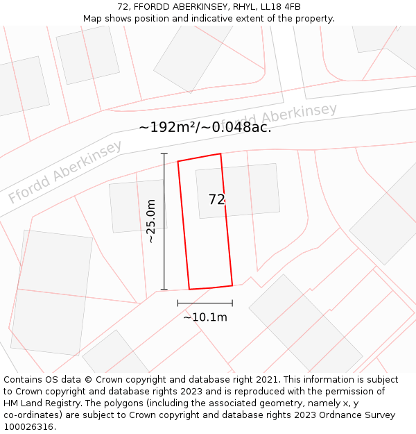 72, FFORDD ABERKINSEY, RHYL, LL18 4FB: Plot and title map