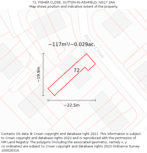 72, FISHER CLOSE, SUTTON-IN-ASHFIELD, NG17 2AA: Plot and title map