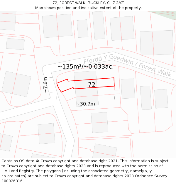 72, FOREST WALK, BUCKLEY, CH7 3AZ: Plot and title map