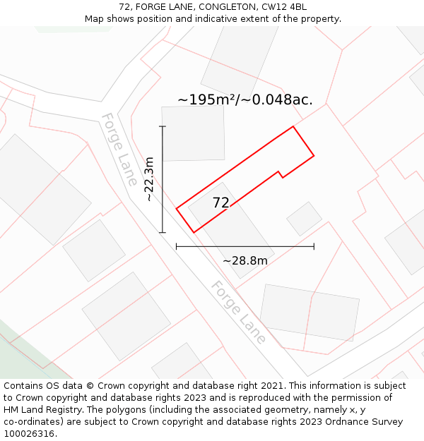72, FORGE LANE, CONGLETON, CW12 4BL: Plot and title map