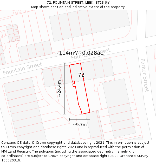 72, FOUNTAIN STREET, LEEK, ST13 6JY: Plot and title map