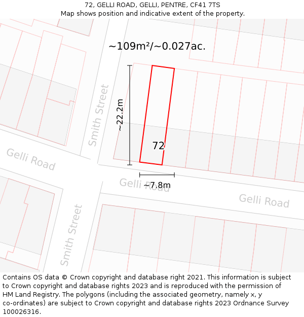 72, GELLI ROAD, GELLI, PENTRE, CF41 7TS: Plot and title map