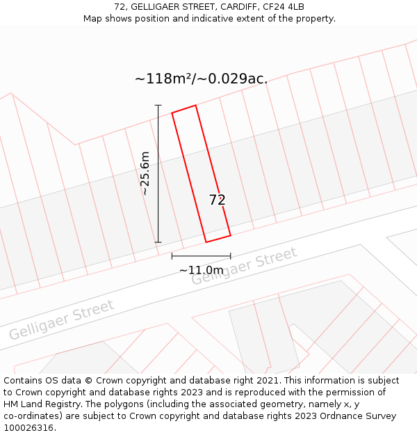 72, GELLIGAER STREET, CARDIFF, CF24 4LB: Plot and title map