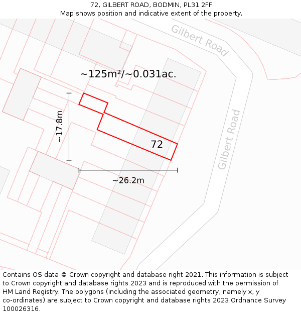 72, GILBERT ROAD, BODMIN, PL31 2FF: Plot and title map