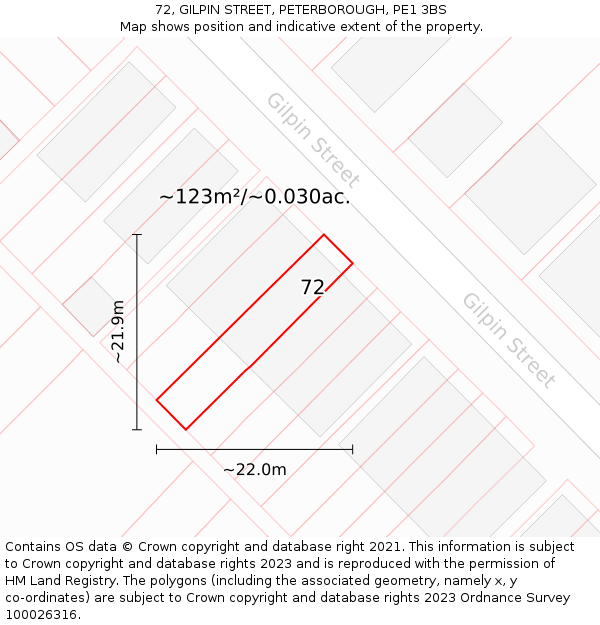 72, GILPIN STREET, PETERBOROUGH, PE1 3BS: Plot and title map