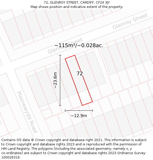 72, GLENROY STREET, CARDIFF, CF24 3JY: Plot and title map