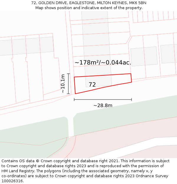 72, GOLDEN DRIVE, EAGLESTONE, MILTON KEYNES, MK6 5BN: Plot and title map