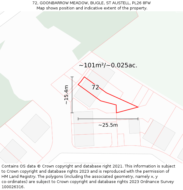 72, GOONBARROW MEADOW, BUGLE, ST AUSTELL, PL26 8FW: Plot and title map