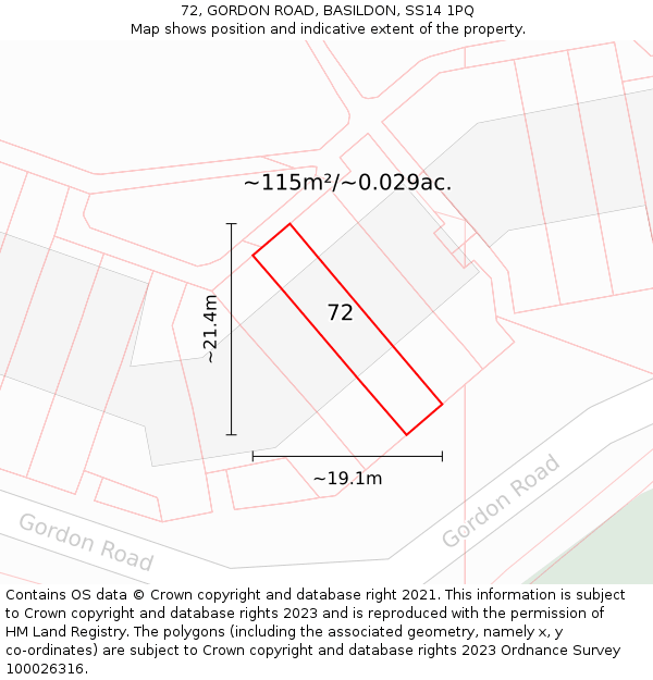 72, GORDON ROAD, BASILDON, SS14 1PQ: Plot and title map