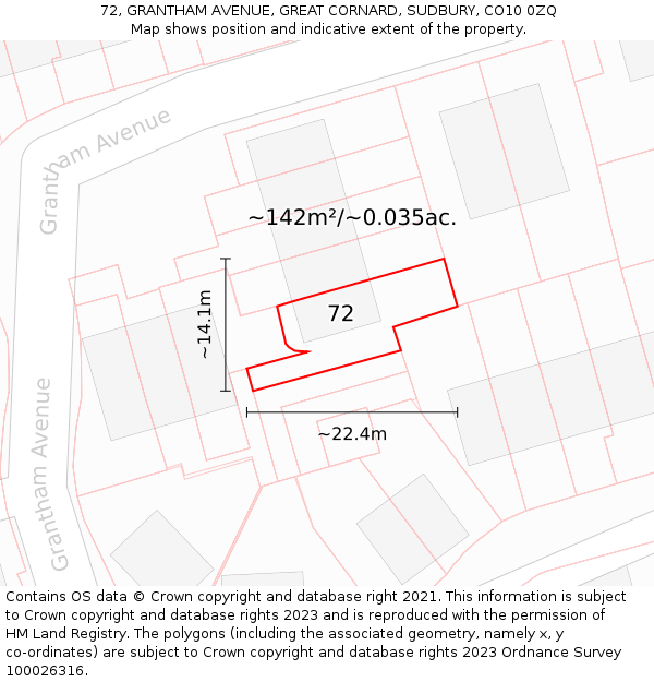 72, GRANTHAM AVENUE, GREAT CORNARD, SUDBURY, CO10 0ZQ: Plot and title map
