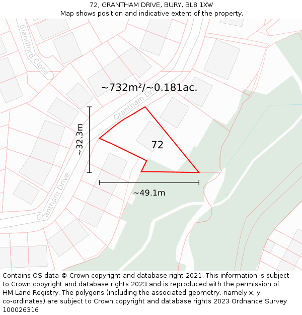 72, GRANTHAM DRIVE, BURY, BL8 1XW: Plot and title map