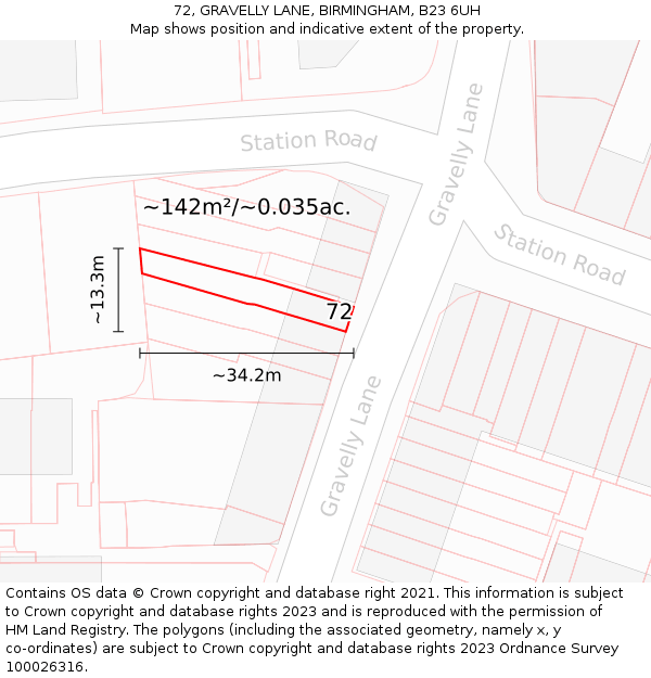 72, GRAVELLY LANE, BIRMINGHAM, B23 6UH: Plot and title map