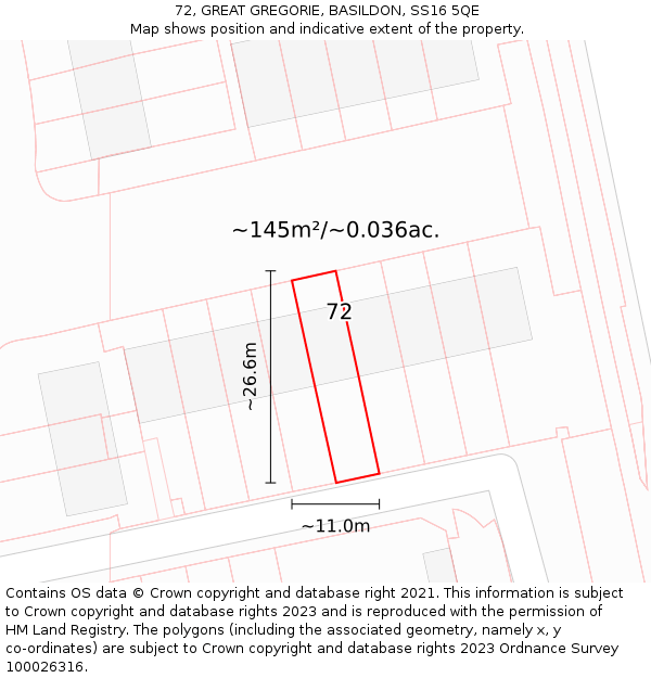 72, GREAT GREGORIE, BASILDON, SS16 5QE: Plot and title map