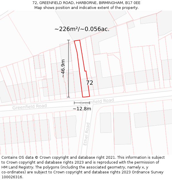 72, GREENFIELD ROAD, HARBORNE, BIRMINGHAM, B17 0EE: Plot and title map