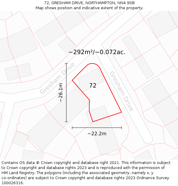 72, GRESHAM DRIVE, NORTHAMPTON, NN4 9SB: Plot and title map