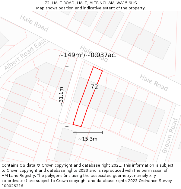 72, HALE ROAD, HALE, ALTRINCHAM, WA15 9HS: Plot and title map