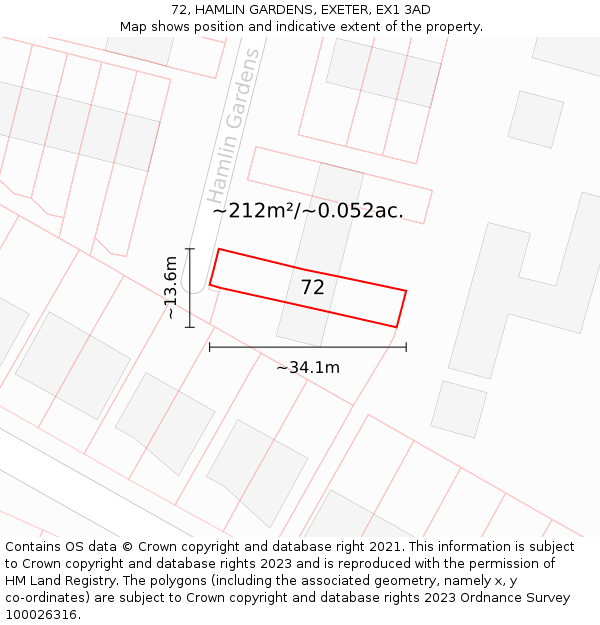 72, HAMLIN GARDENS, EXETER, EX1 3AD: Plot and title map
